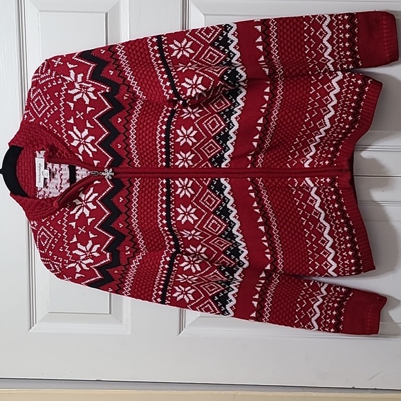 Fair Isle Breckenridge petite Large Full Zip Caridgan Sweater Red‎ White Black - Picture 10 of 11
